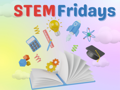 Open book with science and math accessories spilling out and words that stay STEM Fridays
