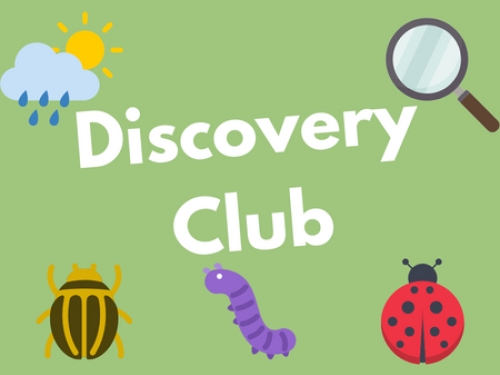The word Discovery Club surrounded by cartoon bugs, cloud with sun and rain, and magnifying glass