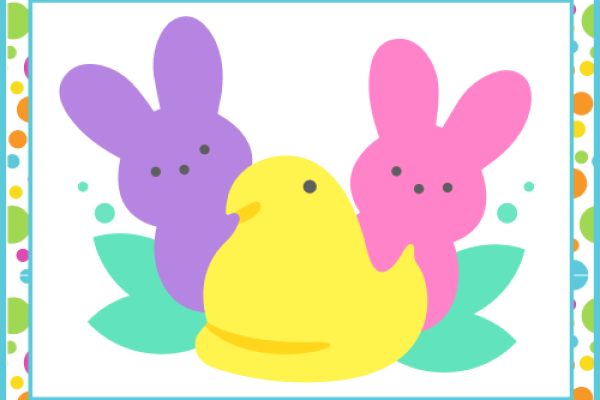 Purple & Pink Bunny Peep & Yellow Chick Peep on a white background