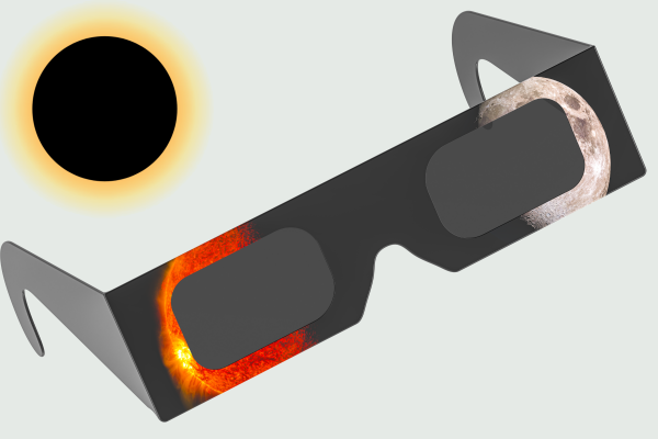 Solar eclipse glasses on a gray background with a small eclipse with moon covering sun in the top left hand corner