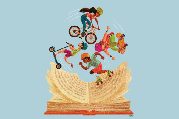 Kids on bike, skateboard, scooter, and roller blades skating across an open book with a blue background