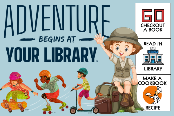 Text Adventure Begins at the Library with a young camper, 3 kids skateboarding roller blading and scootering, and 3 bookopoly squares