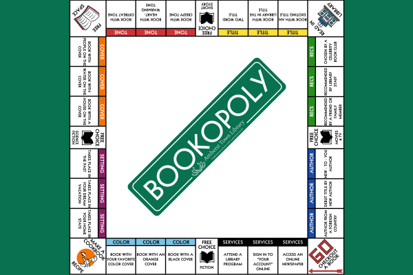 Bookopoly written in monopoly font with green background and bookolopy board centered