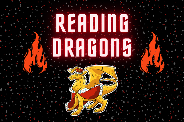 reading dragons with a dragon dressed in a red cloak and flames on each side