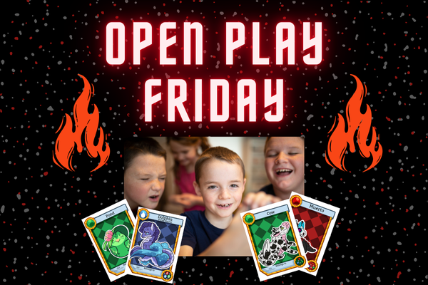 open play friday with image of kids laughing and four reading dragon cards