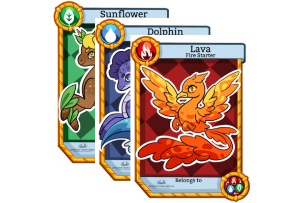 row of three reading dragons cards