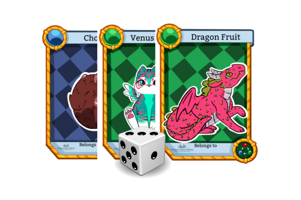 row of three reading dragons cards and a dice
