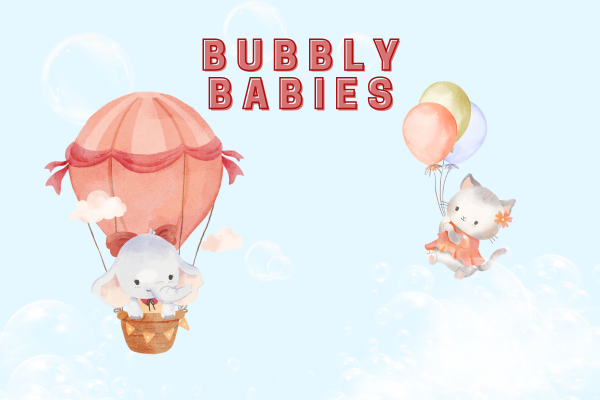 Bubbly Babies hot air balloon with elephant and kitten floating with balloons