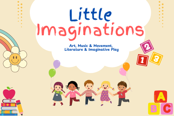 kids holding balloons the words little imaginations
