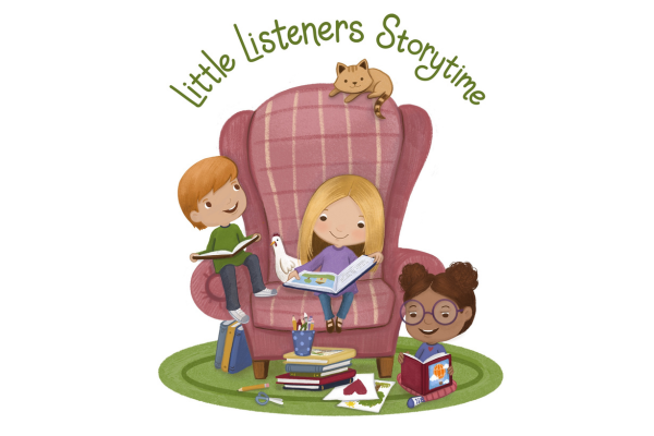 kids sitting reading books with a cat sitting on the top of the chair.