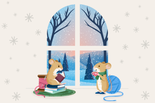 Illustration of two mice by a window: one reading on a stack of books, the other drinking from a cup by a ball of yarn, with a snowy landscape visible outside.