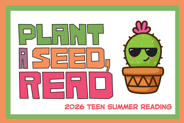Cactus wearing sunglasses in a pot. Block words Plant a seed, Read.