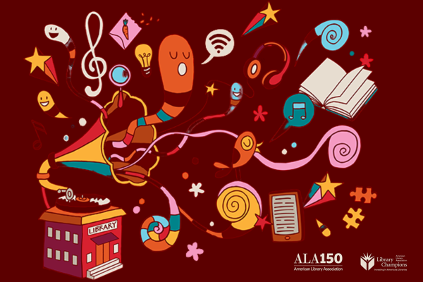 Colorful library promotion poster featuring musical notes, books, and characters on a red background.