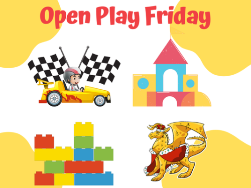 race cars, blocks, legos, and dragon for Open Play Friday