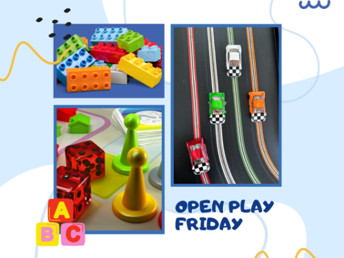 open play friday with legos, race cars and game pieces.
