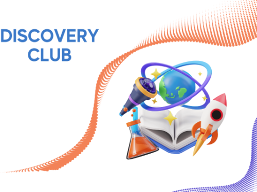 discovery club orange and purple waves with a book, rocket, telescope, and other science icons