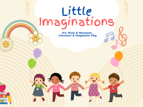 five kids holding hand with balloons, music notes, rainbow and little imaginations