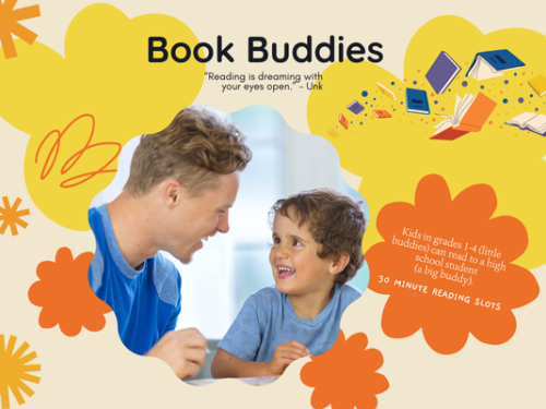 Male teen laughing and reading with a young child.