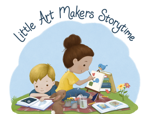 Female artist with a child reading a book on a lawn.